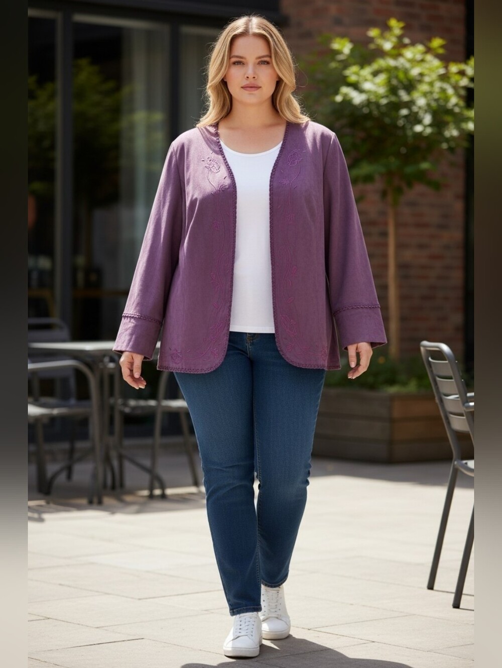 Dressbarn Plum Embroidered Open-Front Jacket